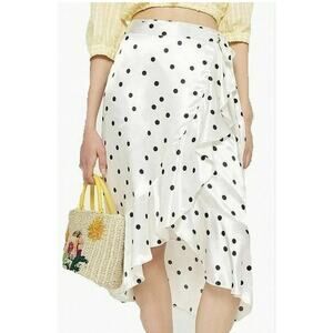 EUC Topshop Black White Polka Dot Satin Wrap Midi Skirt Size 8